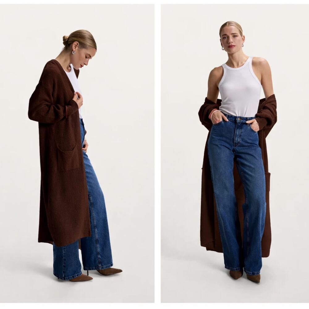 Long Open-Front Brown Knit Cardigan